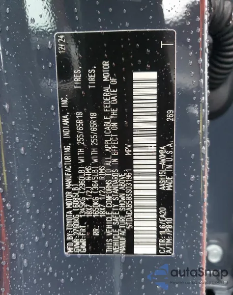 2025 Toyota Grand Highlander Le из США, поврежденный, VIN 5TDACAB58SS031961